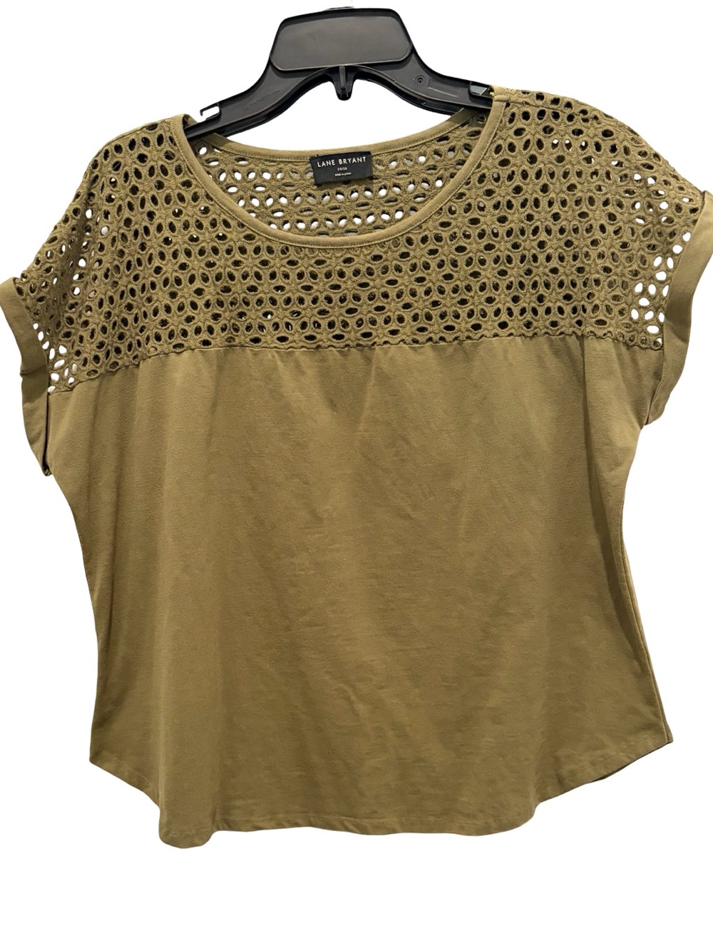 Lane Bryant Cap-Sleeve Eyelet Yoke Tee Size 14/16 Color Olive EUC